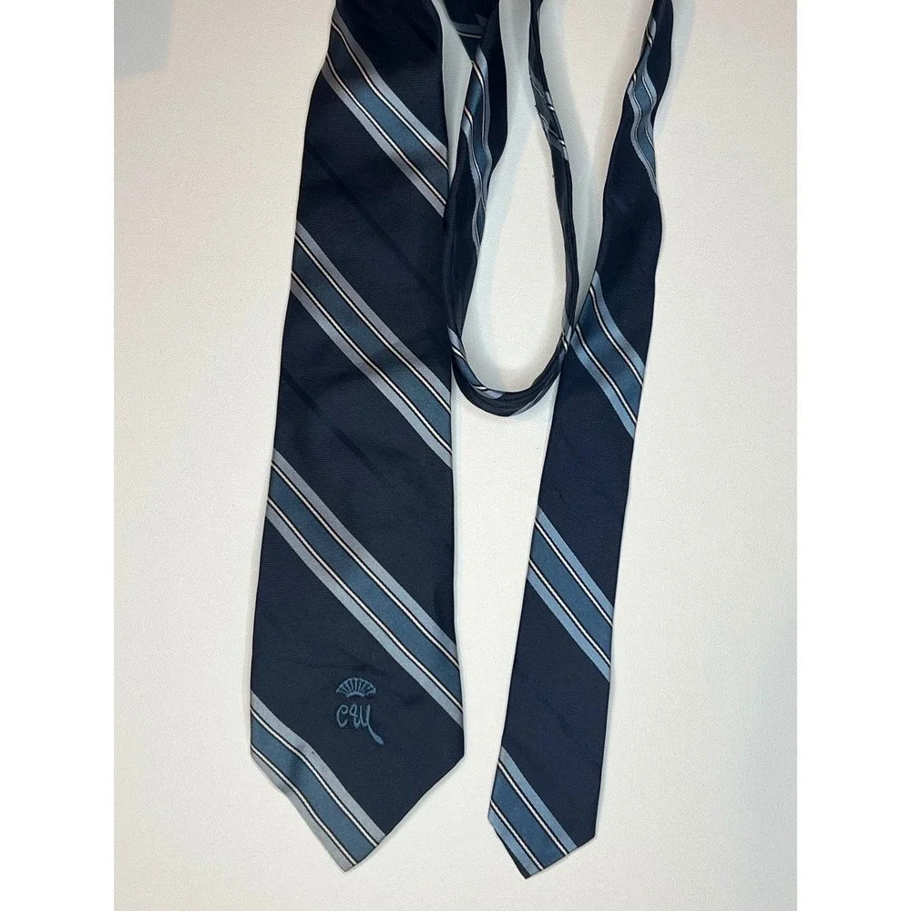 Countess Mara New York Vintage Navy Blue Striped Silk Blend Necktie Logo